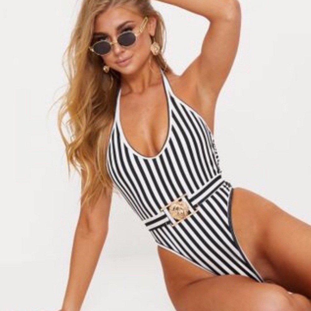 PLT Black Mono Stripe Lion Belted Swimsuit Sz 6